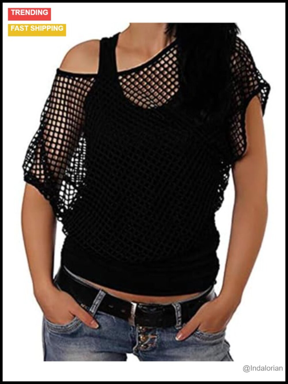 Womens 80s Costume Off Shoulder Fishnet Neon T-Shirt Party Top